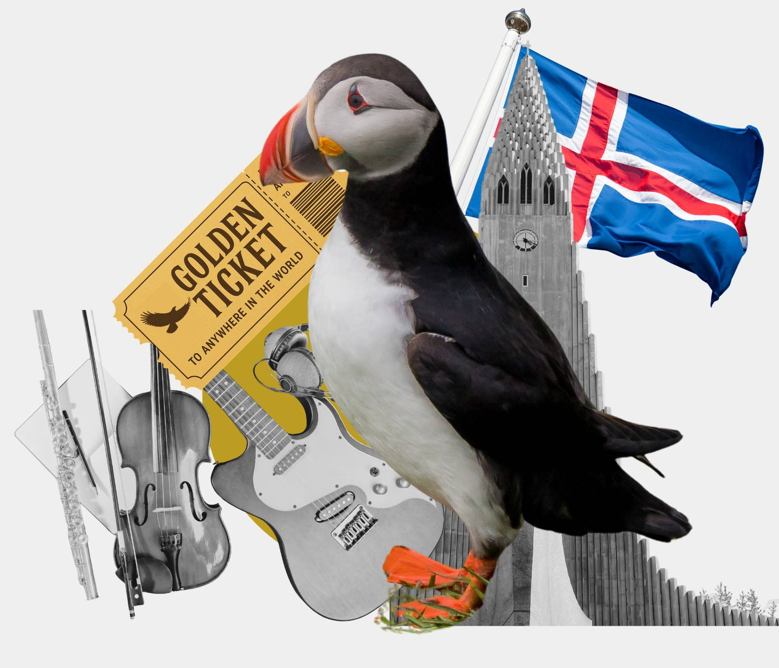 Puffin in Iceland with Icelandic flag, guitars and violins and a golden ticket to see birds 