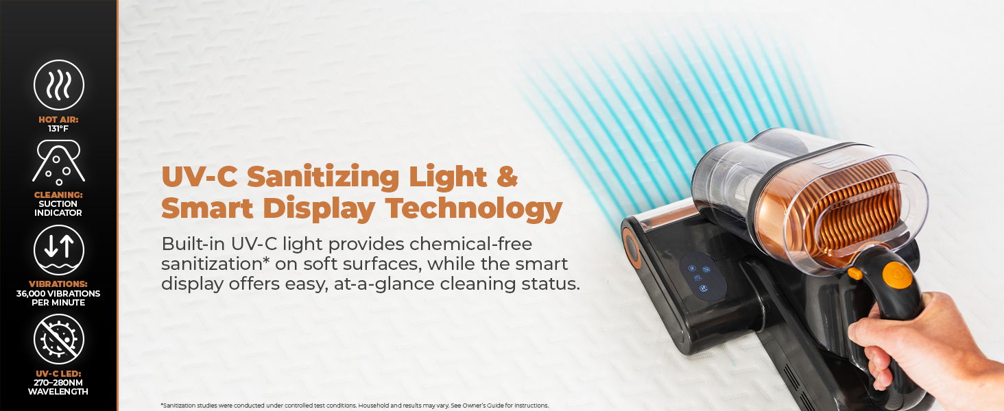 UV-C Sanitizing Light & Smart Display Technology for effective cleaning.