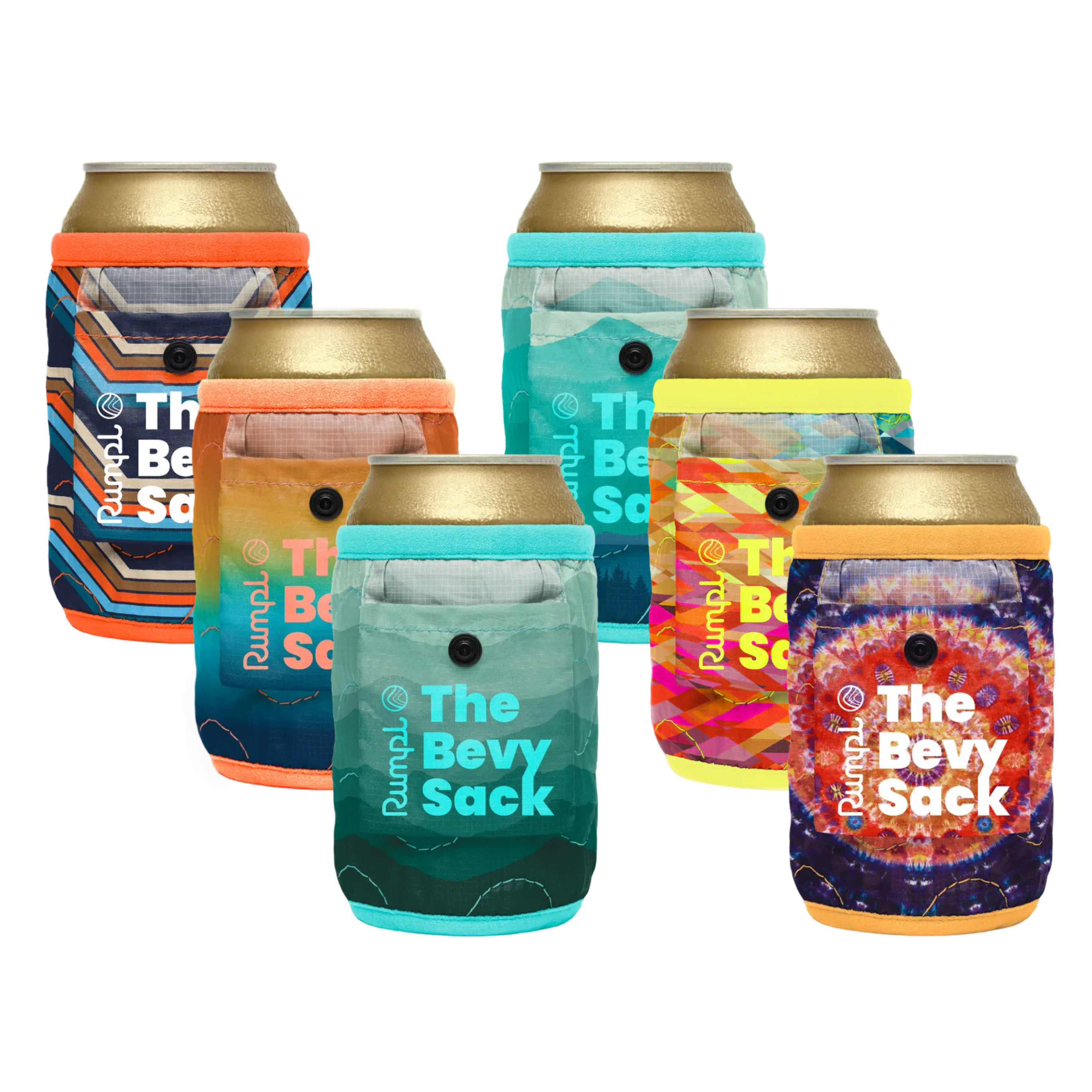 A collection of colorful beverage can coolers displayed together.
