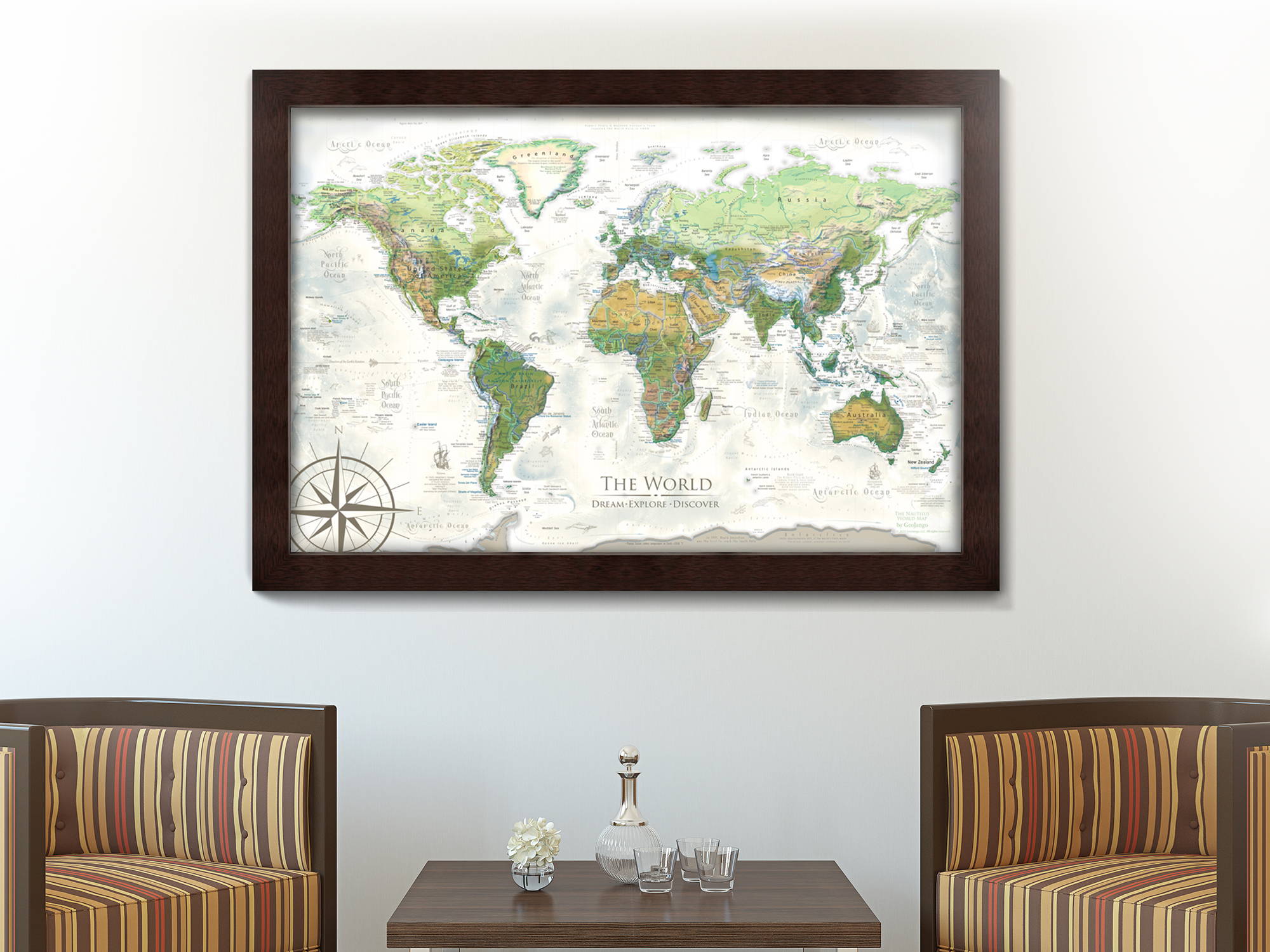 Customized world map with push pins in a stylish frame