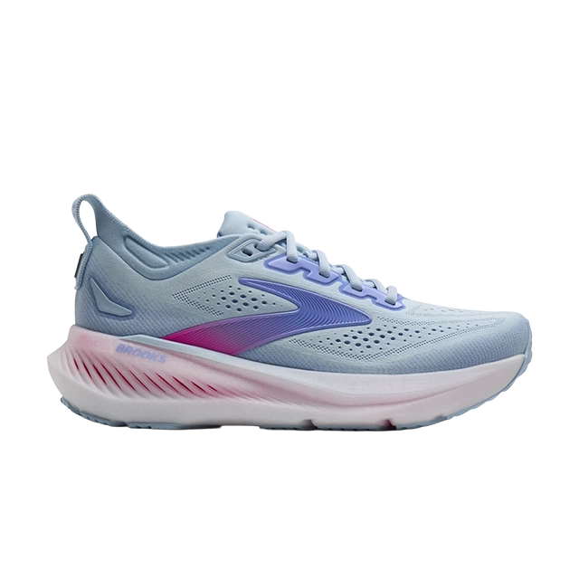 Light blue running shoe with pink and purple accents.