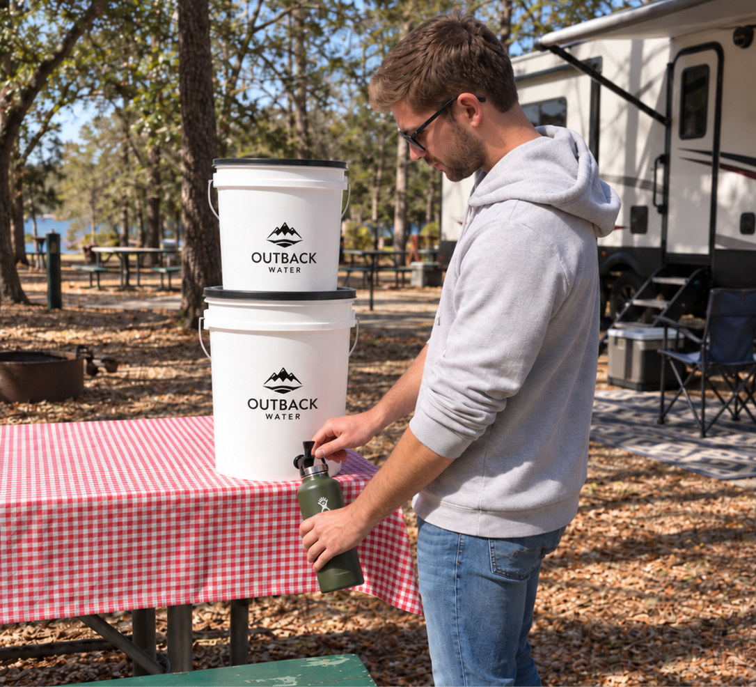 Man in hoodie pouring from a container at a campsite.
