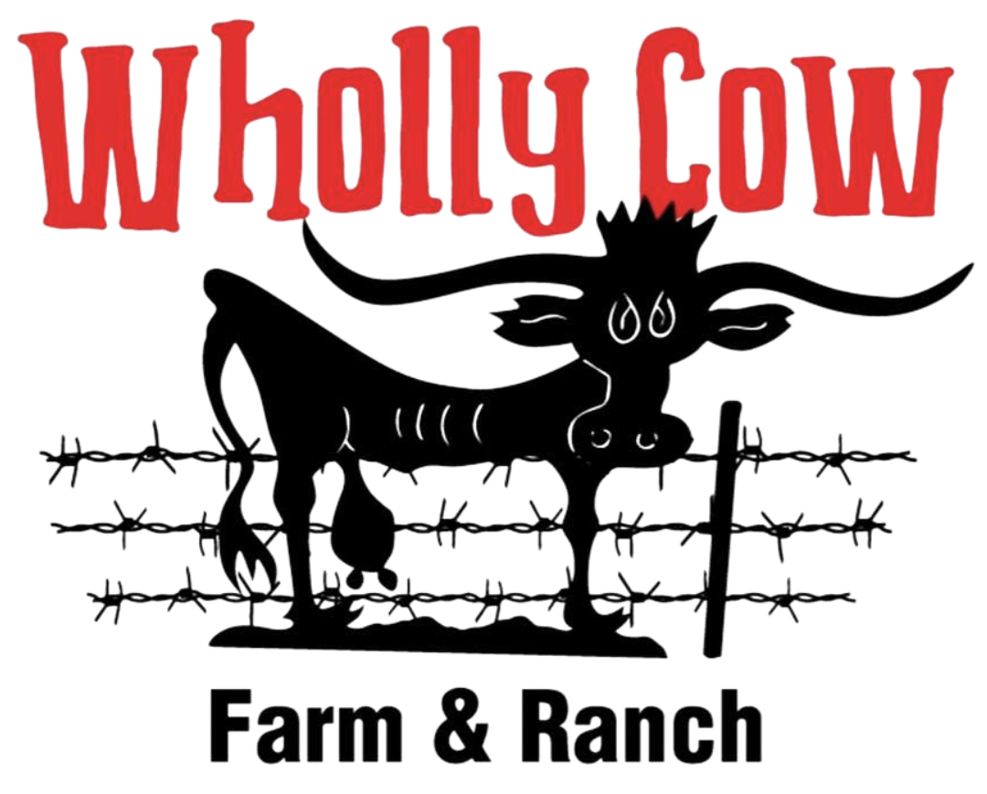 Logo of Wholly Cow Farm & Ranch featuring a cow illustration.