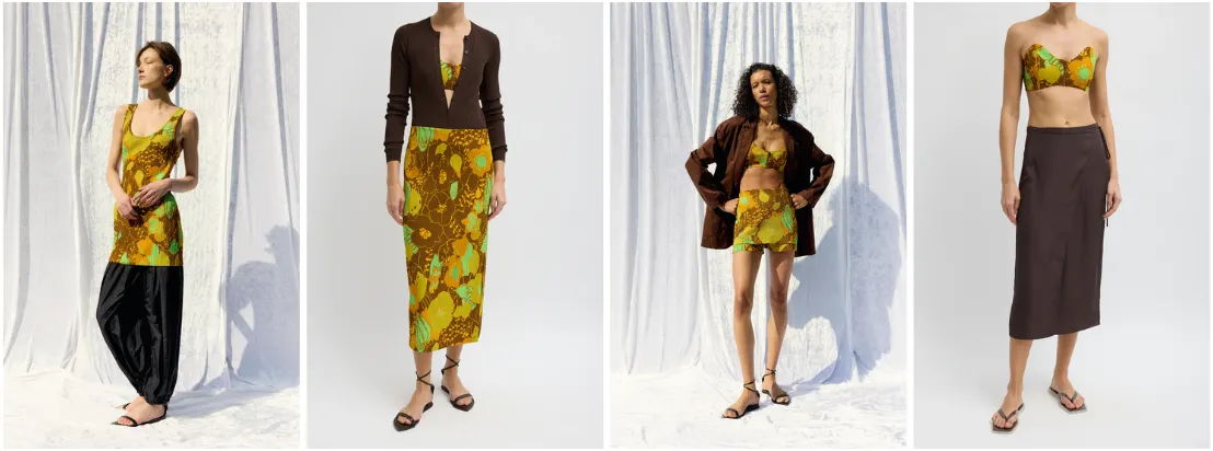 Four models showcase colorful outfits against a white backdrop.
