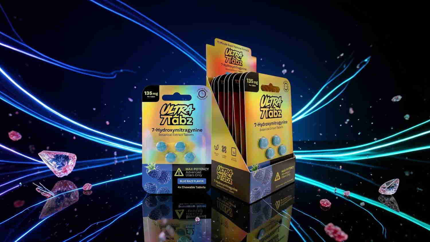 Display of colorful packaging with lights and gems in a dynamic background.