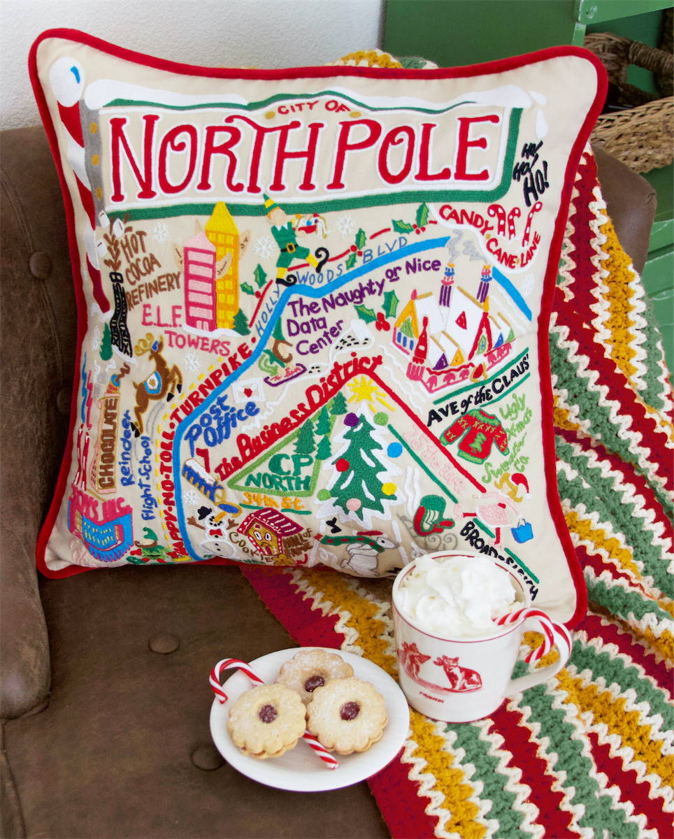 North Pole City Hand-Embroidered Pillow