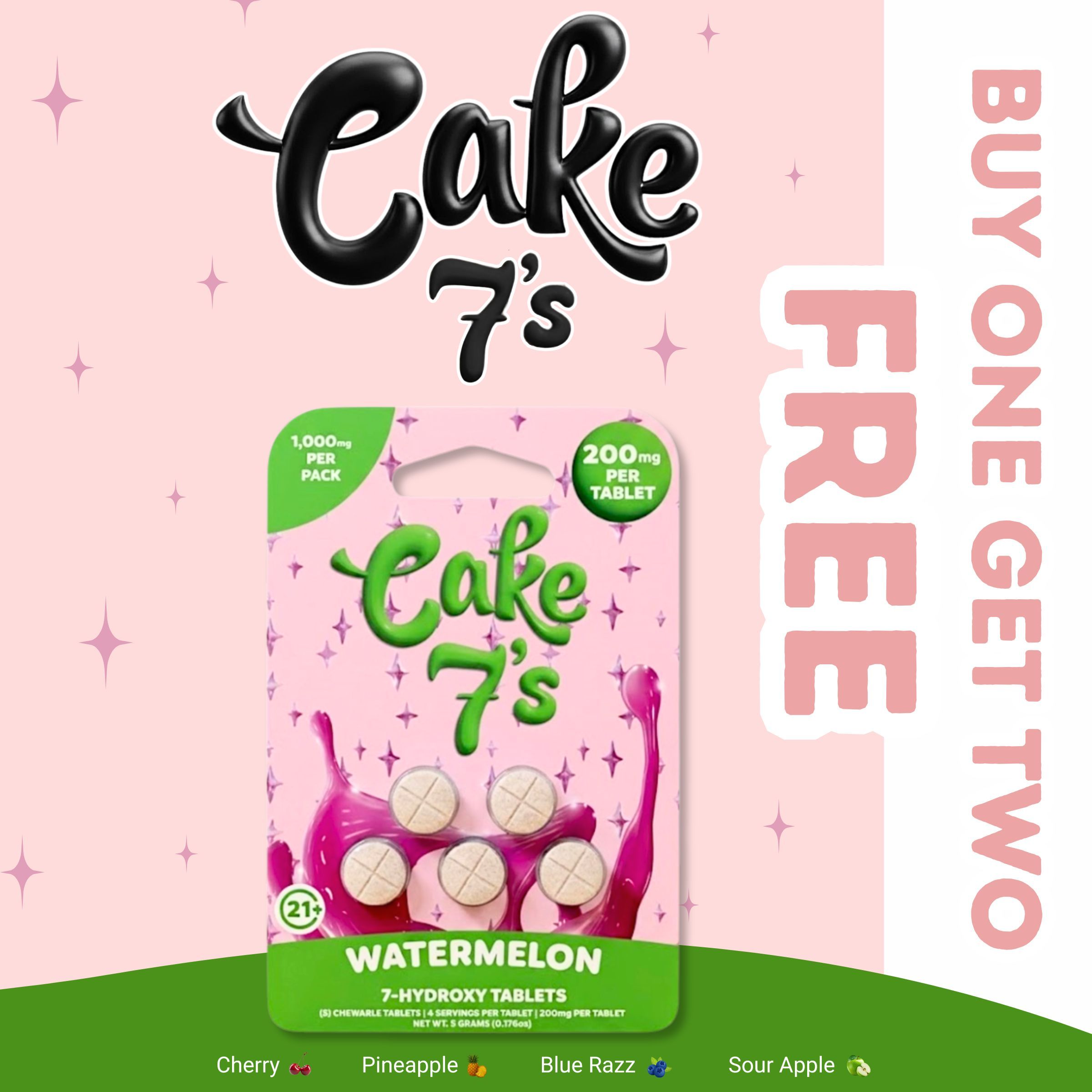 Cake 7's watermelon flavor, promotional offer: buy one, get two free.