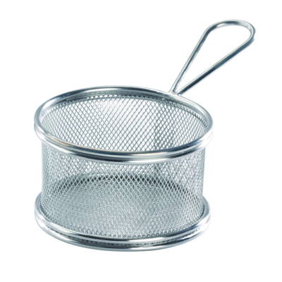 A short round metal fryer basket