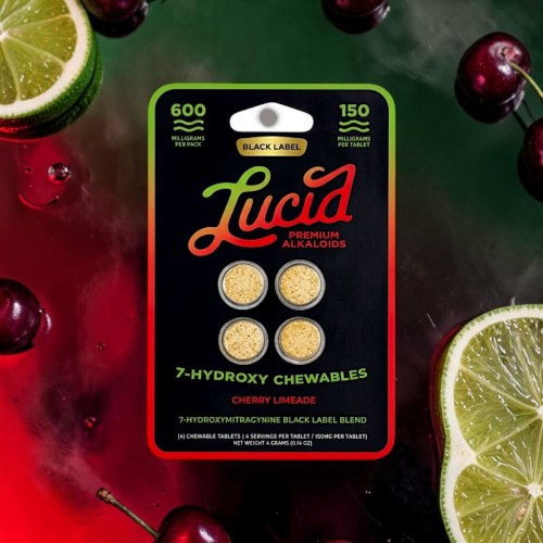 Lucid 7-Hydroxy Chewables packaging with cherries and lime slices.
