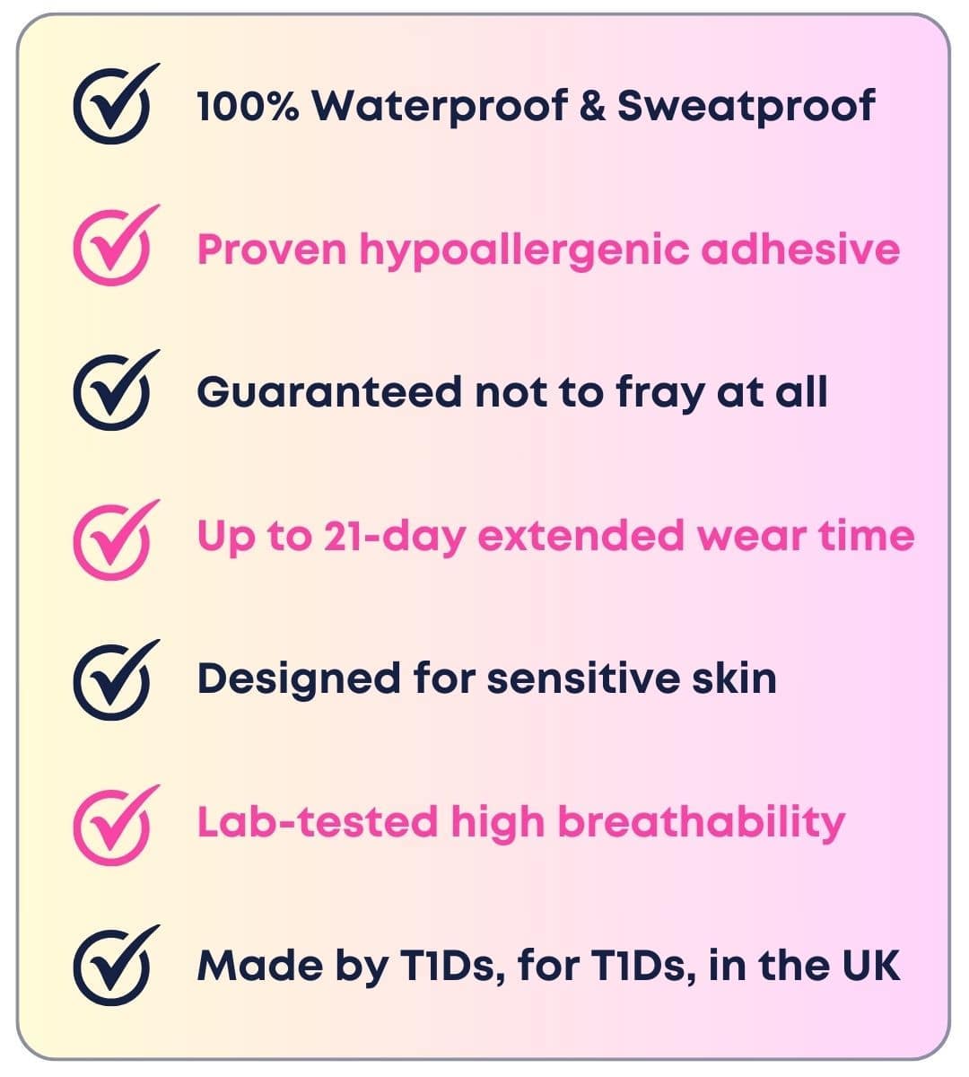 A list of benefits of Type One Style adhesive CGM patches.