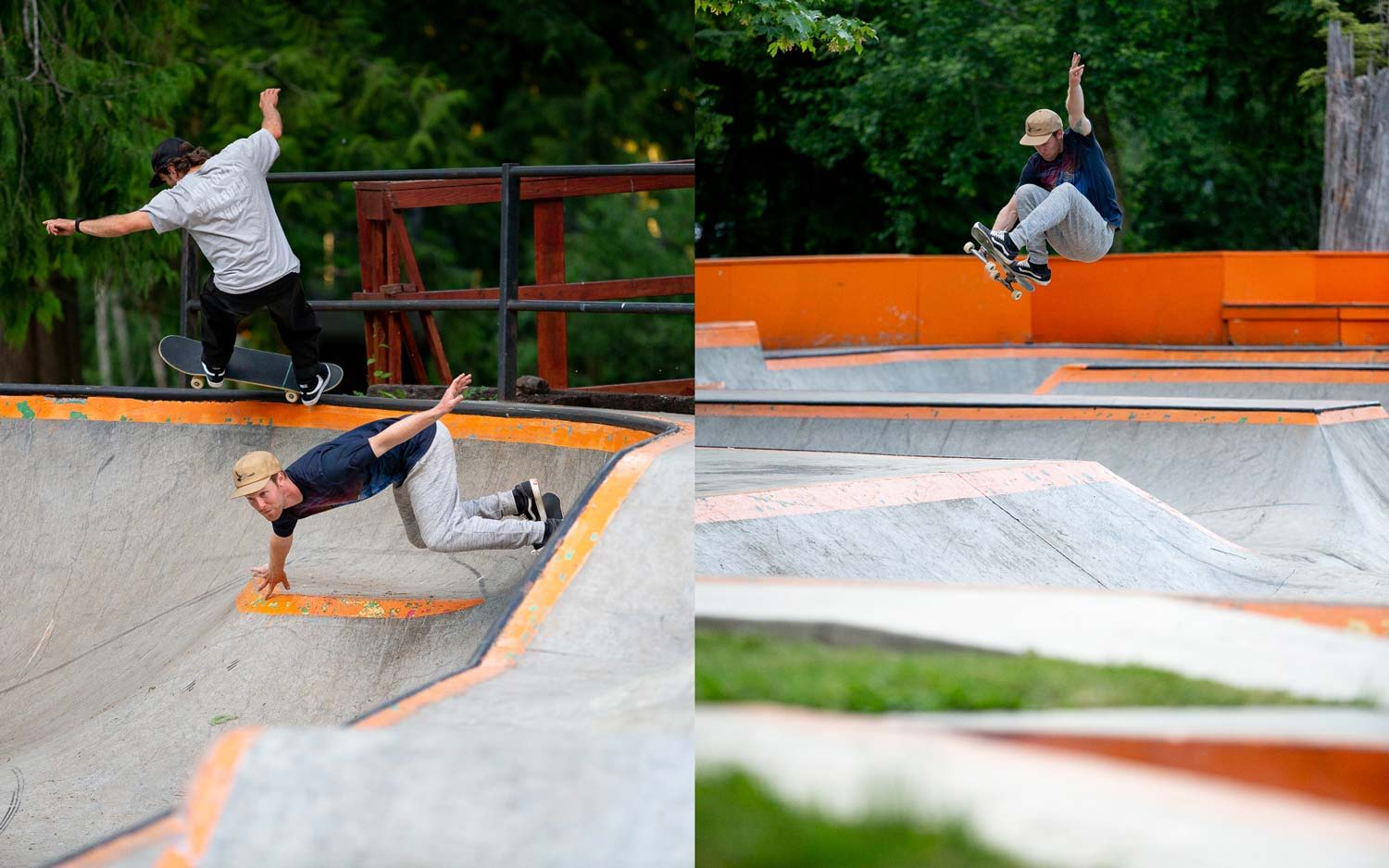 Two skaters performing tricks in a skatepark with orange accents.
