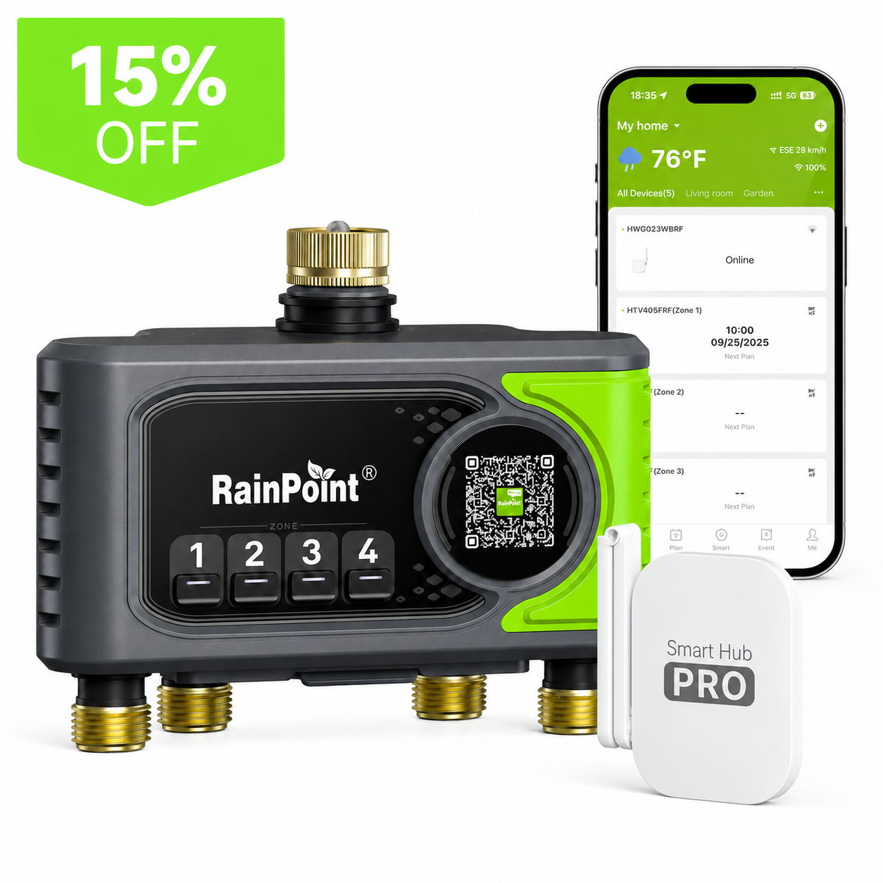 RainPoint smart irrigation controller with smartphone app and promotional discount.