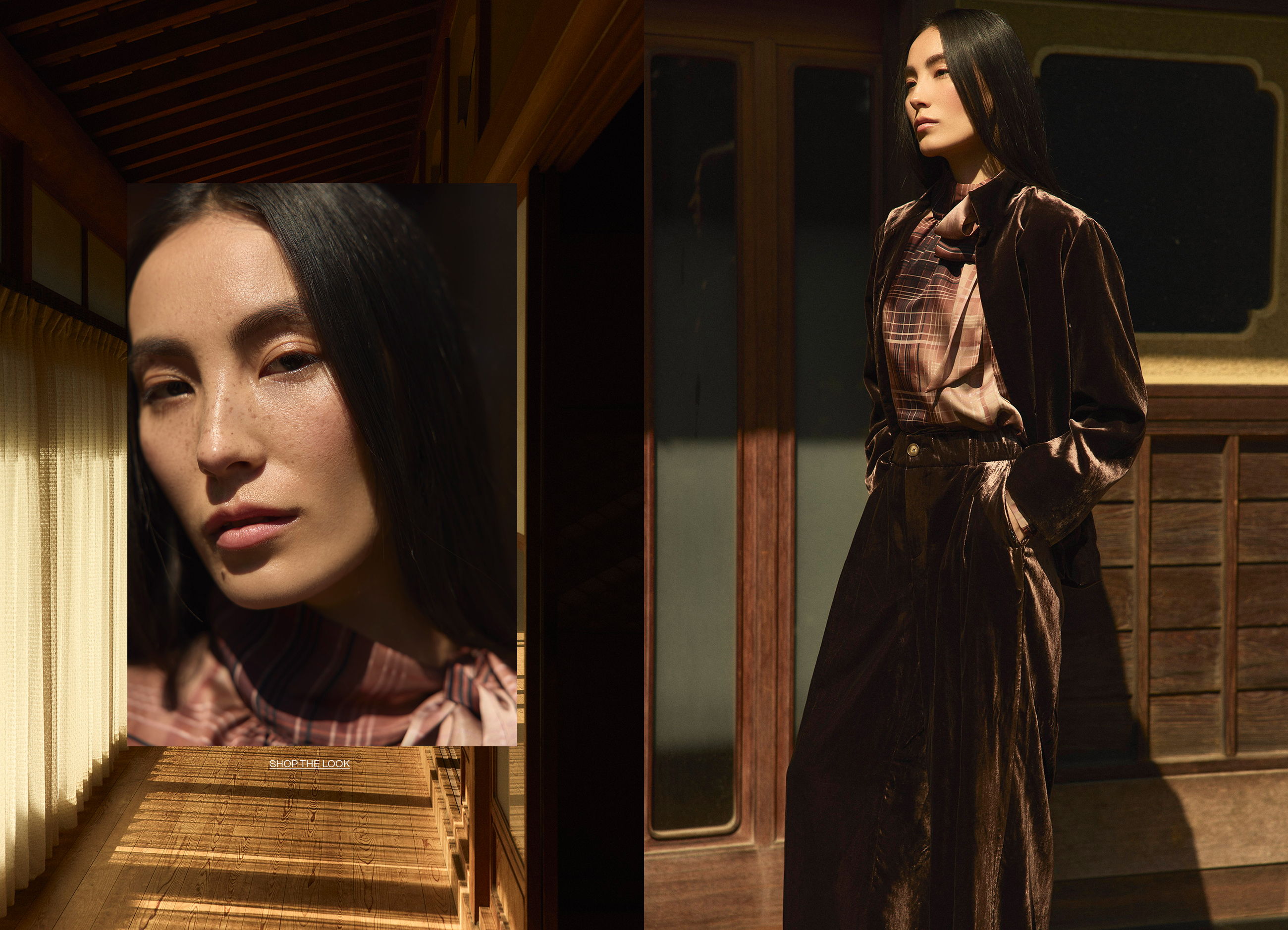 Model in elegant outfit, styled in a serene indoor setting.