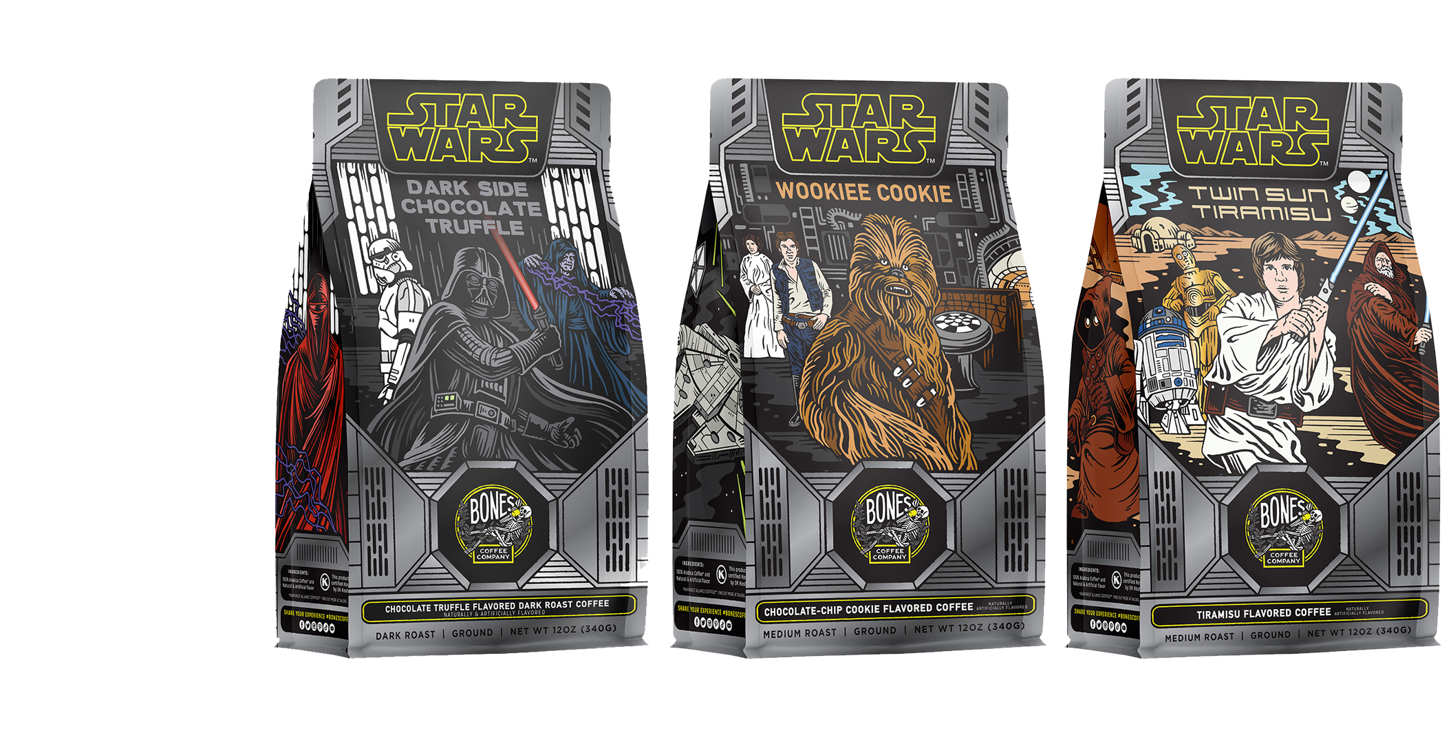 Three 12 ounce bags of flavored coffee inspired by Lucasfilm’s Star Wars. From left to right their names are Dark Side Chocolate Truffle, Wookiee Cookie, and Twin Sun Tiramisu. Their arts feature Darth Vader, Chewy, and Luke Skywalker respectively. On the left is a white plus sign.