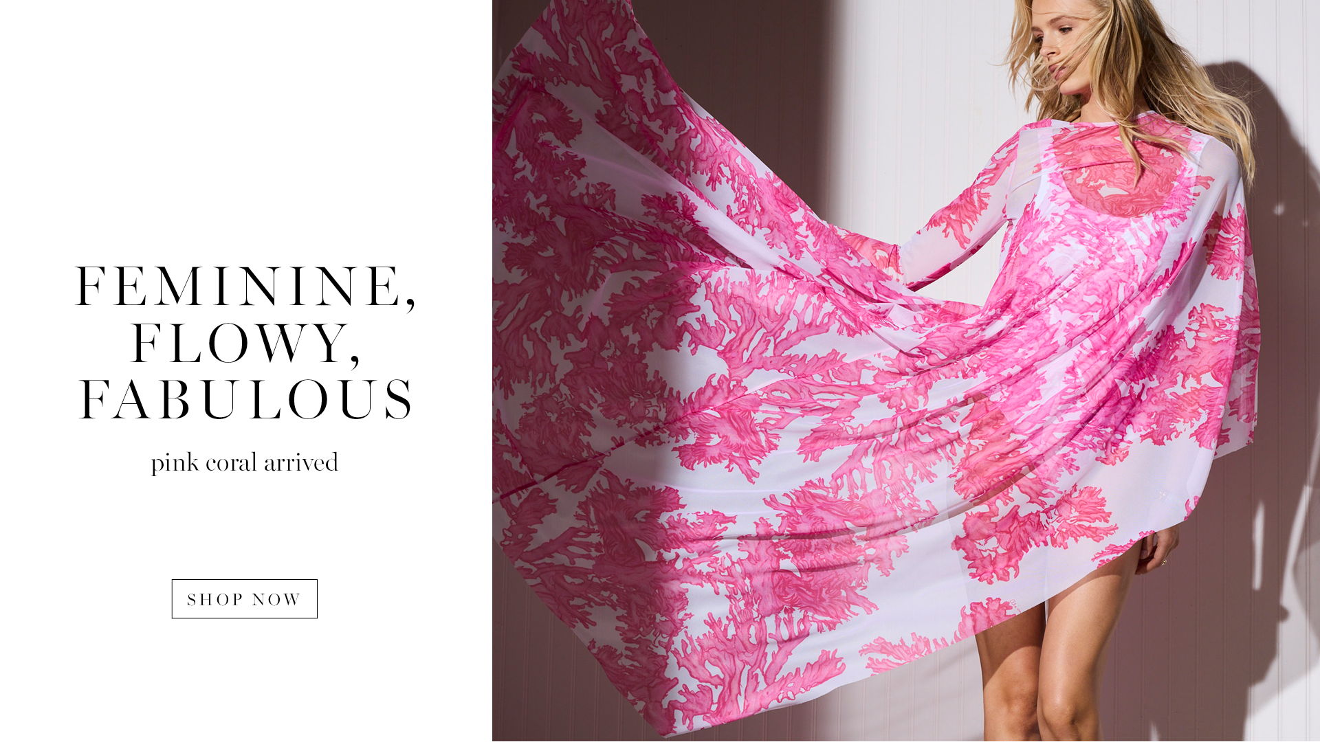 Model wearing a pink floral dress, showcasing a feminine and flowy style.