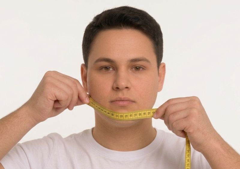 man measuring his jawline width with measuring tape