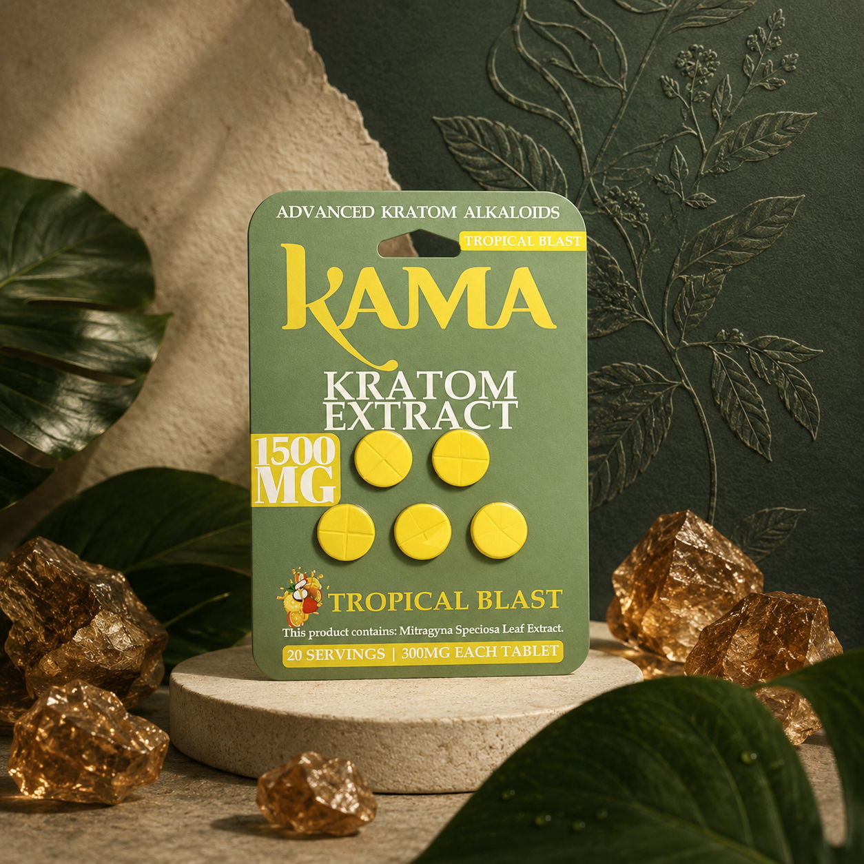 Kama Kratom extract packaging with tropical beast flavor and decorative elements.