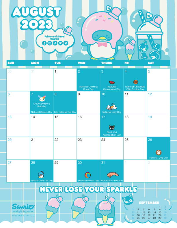 Sanrio Friend of the Month August 2023  Calendar featuring Tuxedosam.