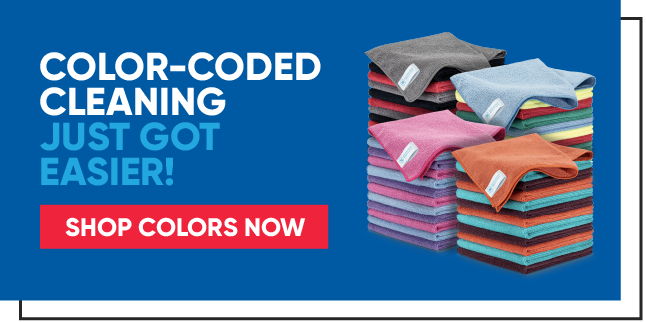 Color-coded cleaning supplies stacked with a promotional message to shop colors now.