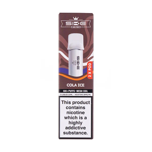 Vape product packaging with cola flavor and nicotine warning label.