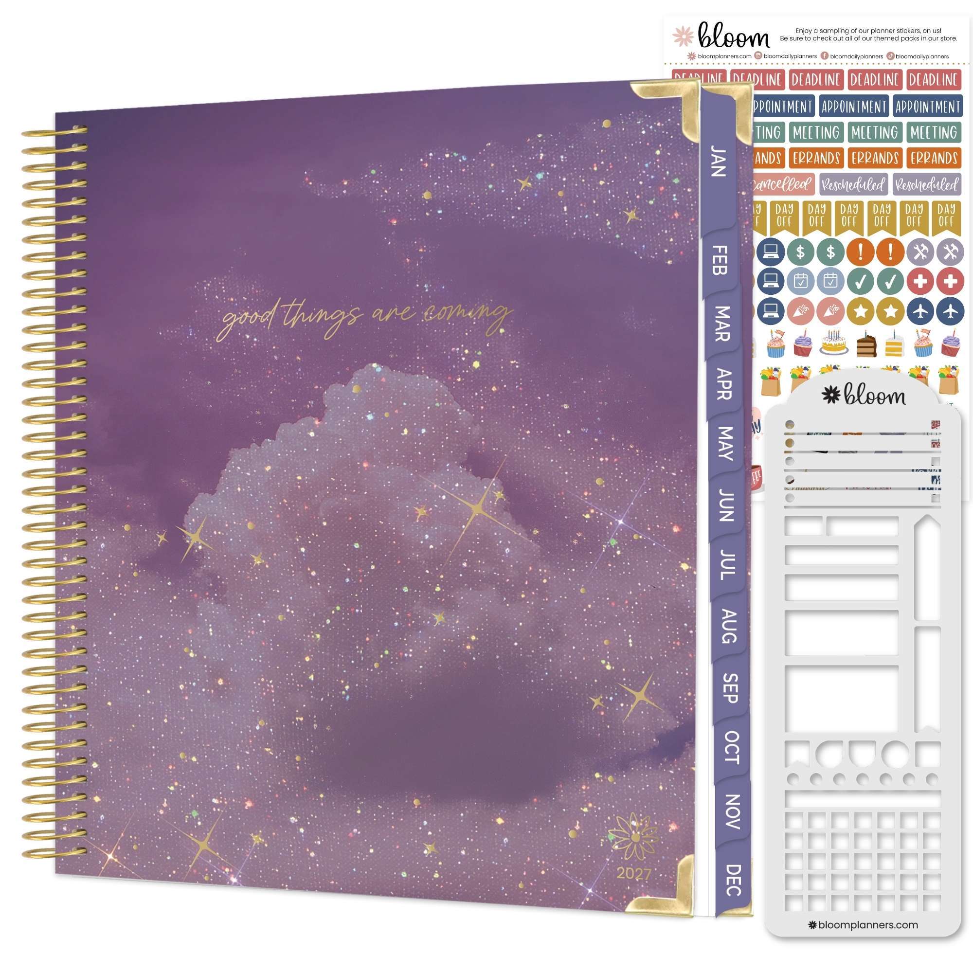 a purple hard cover planner with golden metal corners and gold foil writing on the front that says 