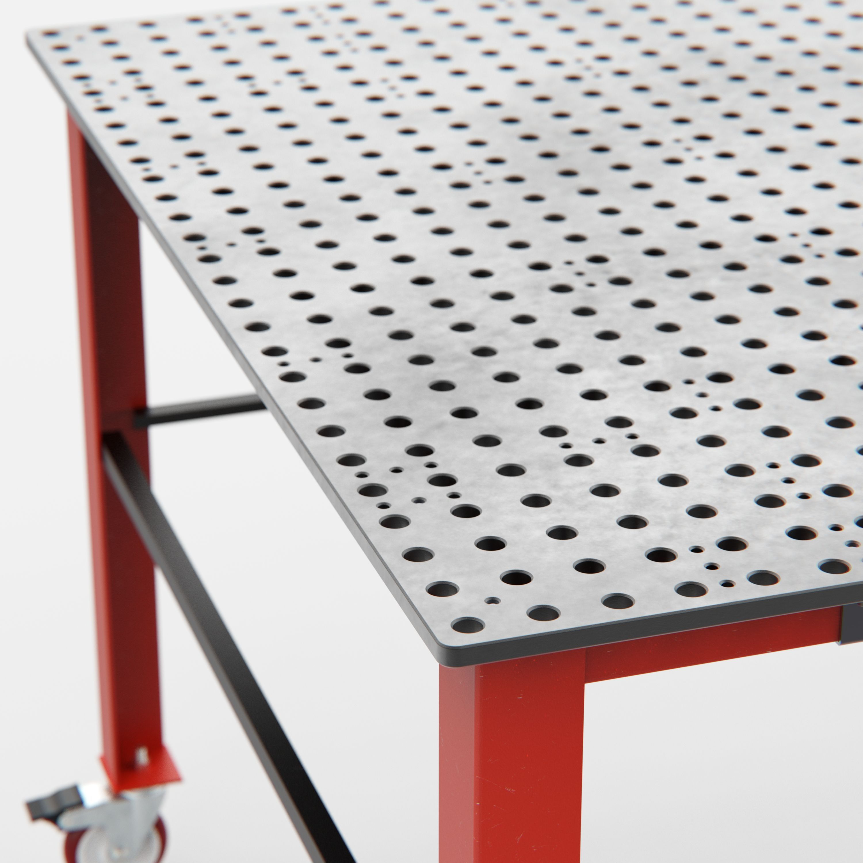 Metal workbench with a perforated top and red frame.