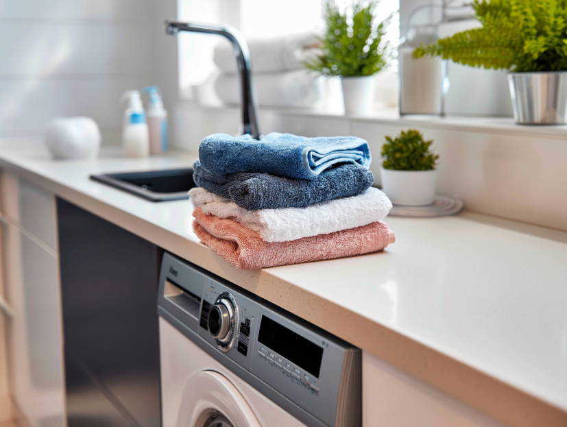 microfiber towels in a stack on a countertop in a laundry