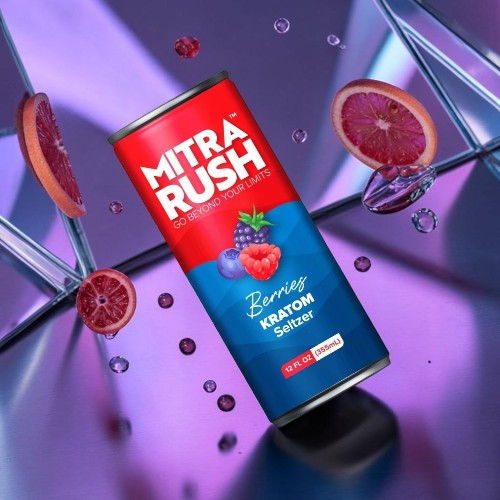 Can of Mitra Rush Berry Kratom Seltzer on a colorful background.