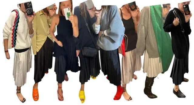 A row of people wearing various outfits and shoes in different colors.
