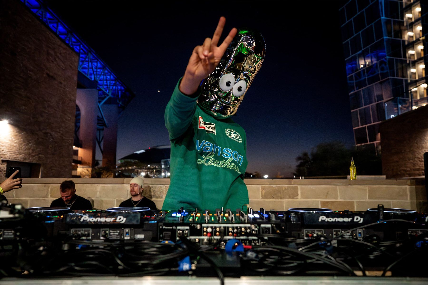 National touring DJ PICKLE in his signature chrome pickle mask headlining the Pickle RAVE at The Big Dill Arlington Texas 2025.