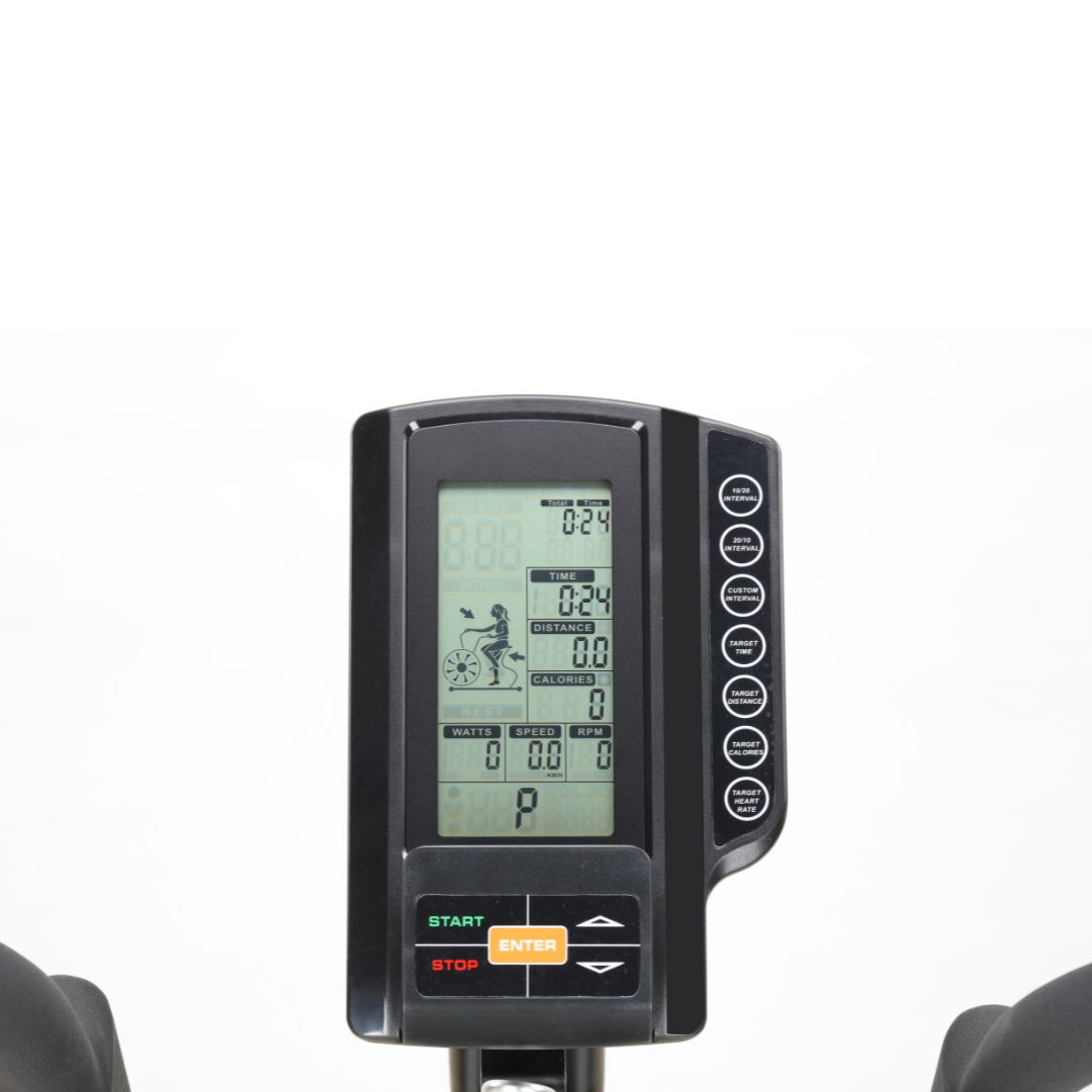 Display screen of an exercise machine with various buttons and indicators.