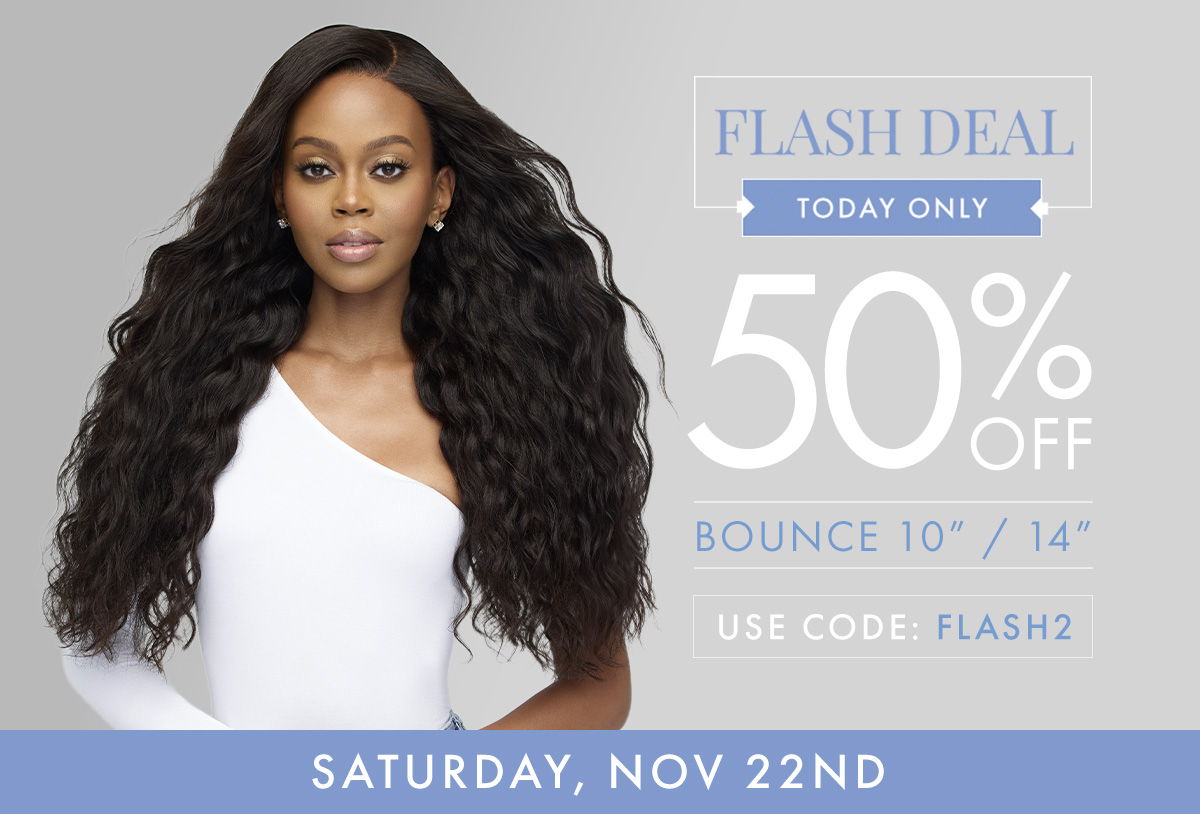 Woman with long curly hair promoting a flash deal for hair products.