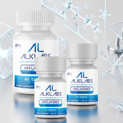 Three bottles of ALKLABS supplements against a scientific background.