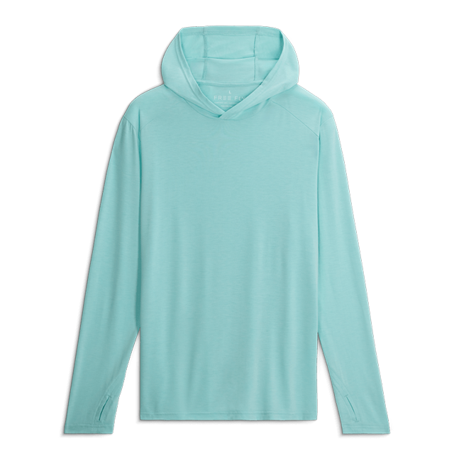 Light teal long-sleeve hooded shirt on a plain background.