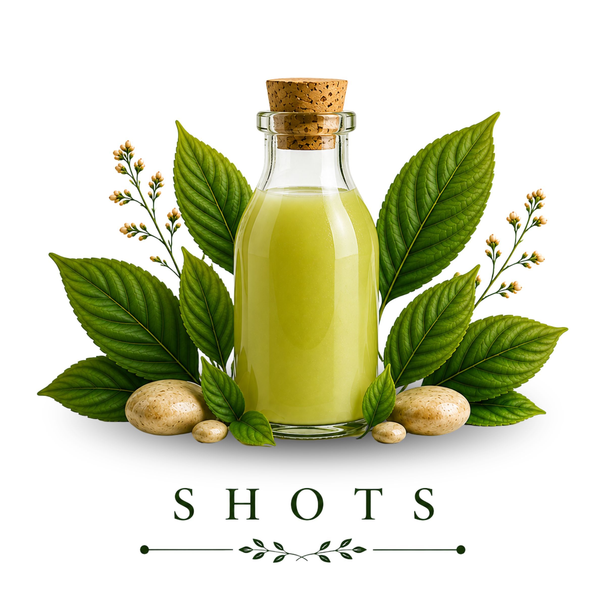 Bottle of green liquid surrounded by leaves and stones, labeled 