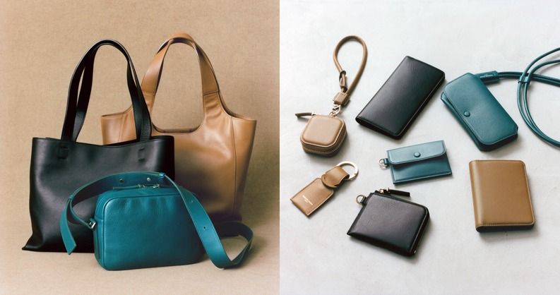 Various bags and wallets arranged aesthetically on a neutral background.