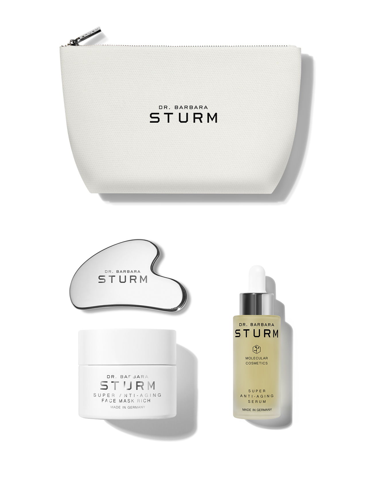 Skincare products including a pouch, cream, serum, and gua sha tool.