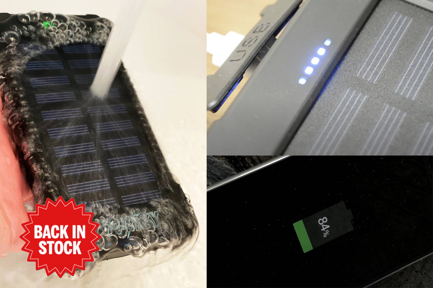 Voltzy, the portable solar powerbank, under water to show its IP67 water-resistant casing. 