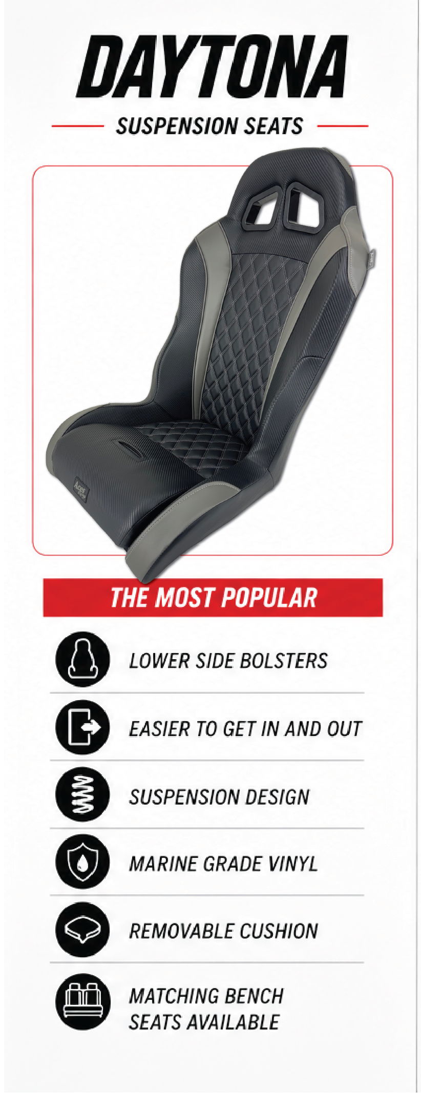 Daytona suspension seat with features and benefits listed.