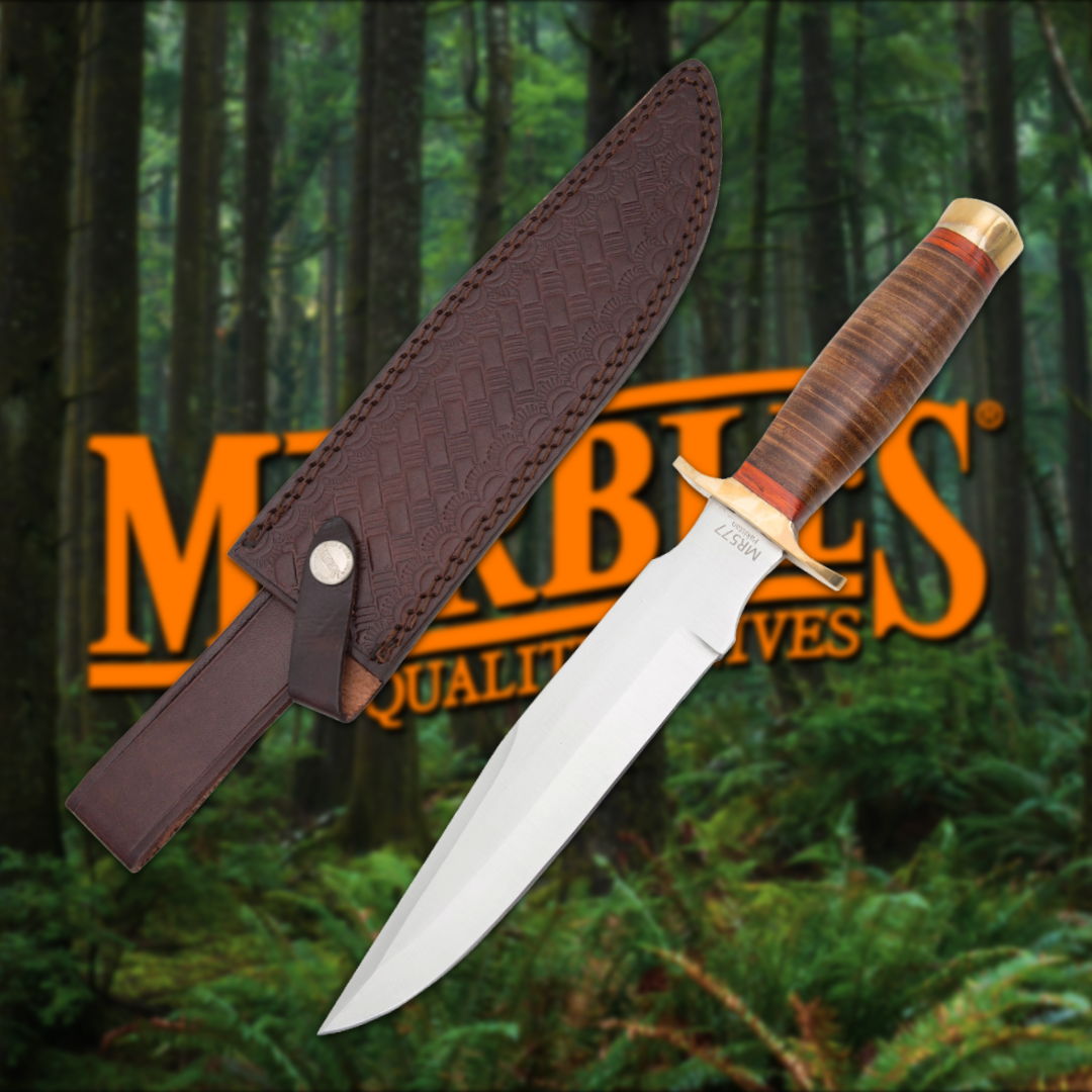 Knife with sheath against a forest background and logo.