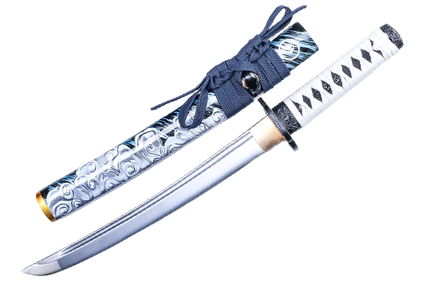 A tanto sword with a decorative sheath and intricate handle design.