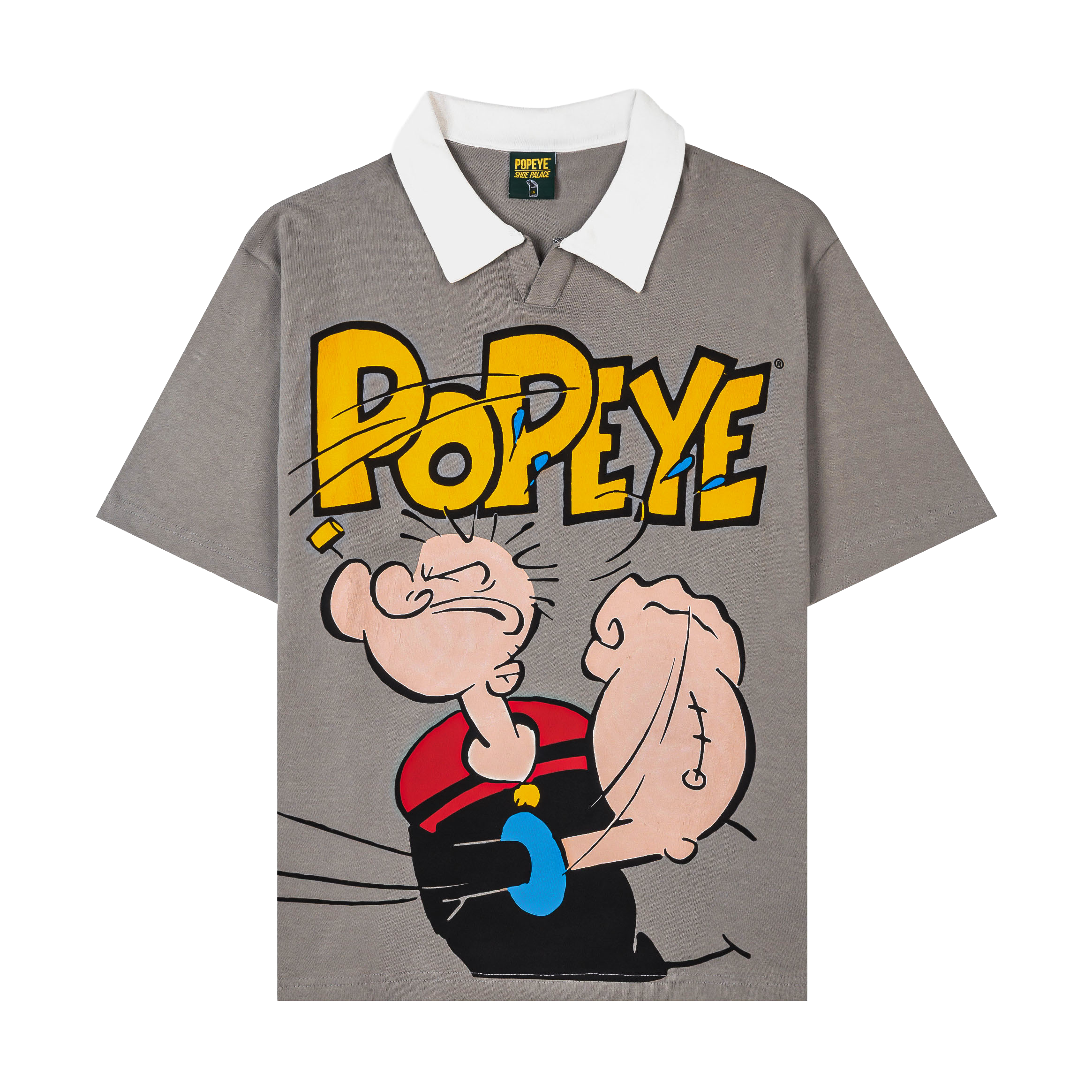 Popeye graphic t-shirt with a white collar and cartoon character design.