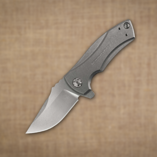 A silver folding knife with a textured handle on a brown background.