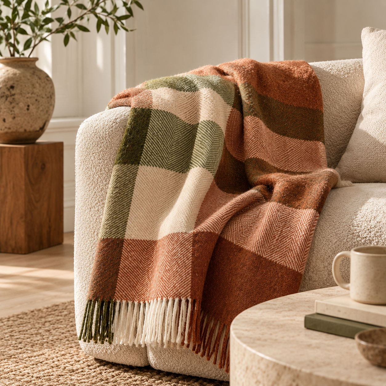 Beige armchair with a green, orange and beige check throw
