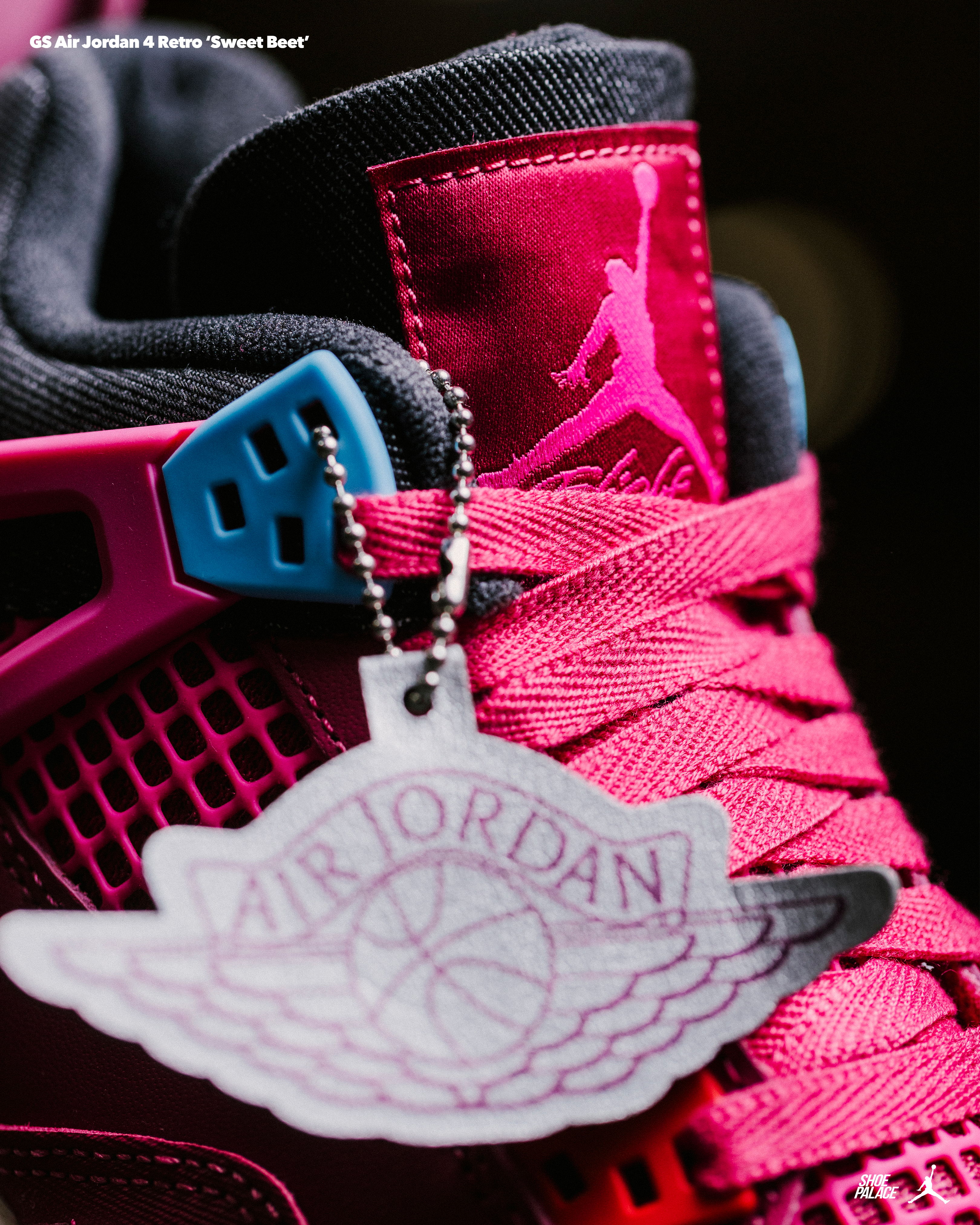 Close-up of pink Air Jordan sneaker with logo tag.