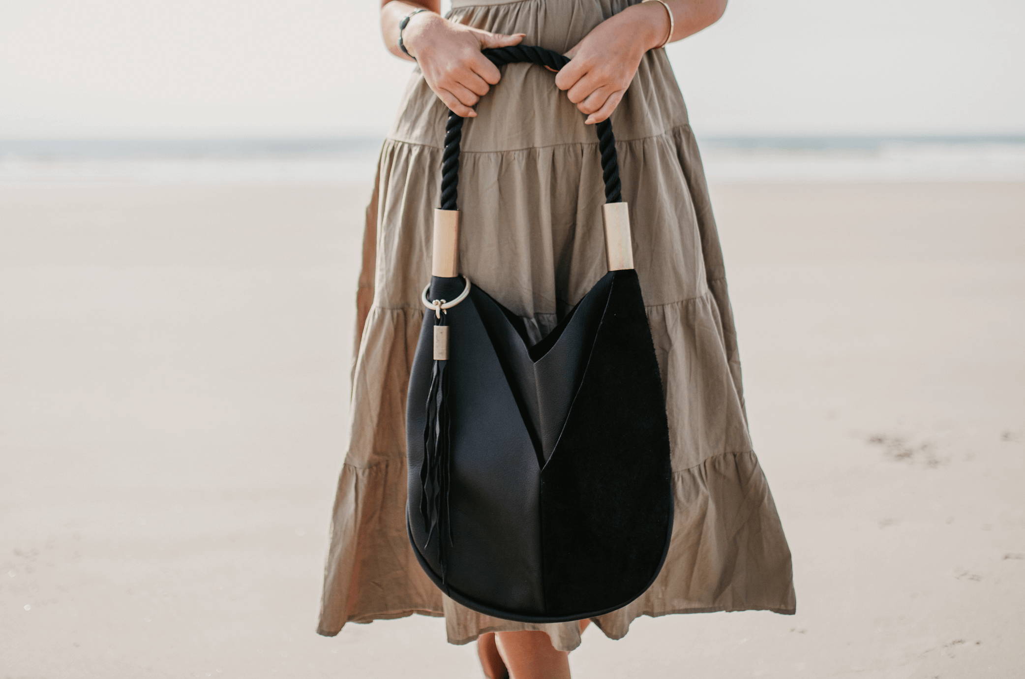 Large Black Leather Tote with Seaweed Tassel