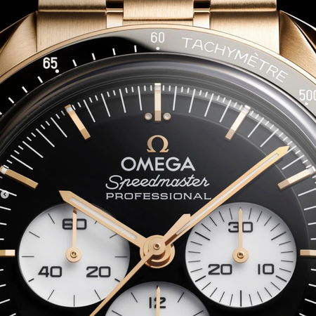 Close-up of an Omega Speedmaster Professional watch face.