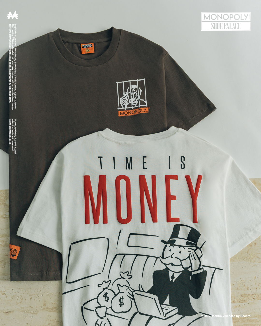 Two t-shirts displayed, one brown and one white with graphic designs.