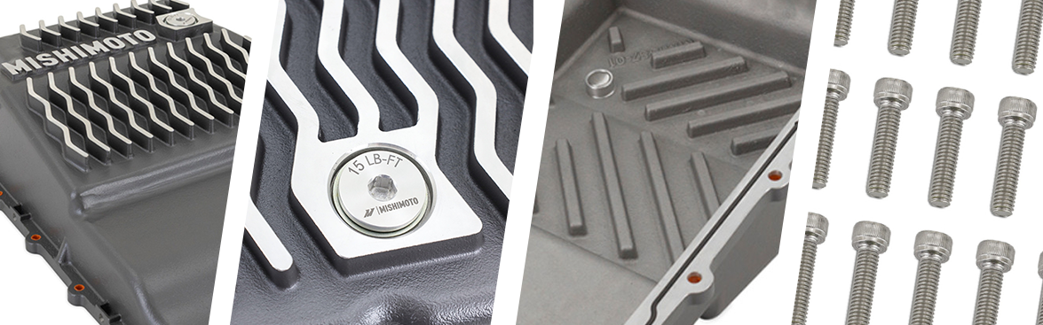 Photo collage of Mishimoto transmission pan and hardware.
