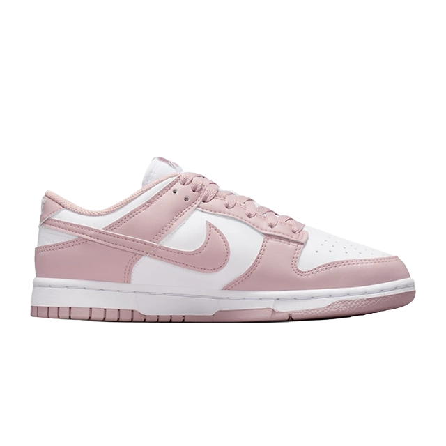 Pink and white Nike Dunk sneakers displayed from the side.